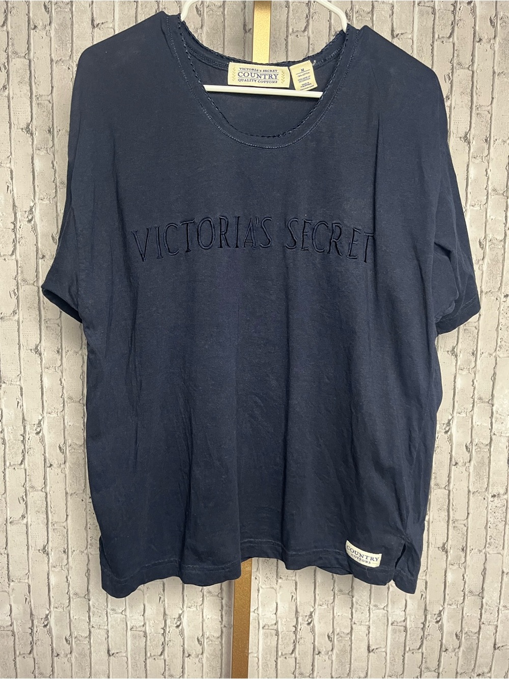 Vintage 90s Victoria's Secret Country Cottons Navy Embroidered Logo Tee Medium